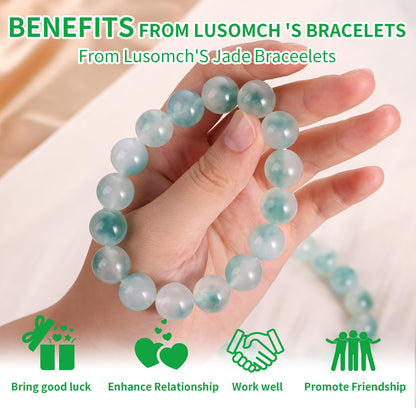 Handmade Natural Jade Beaded Bracelet for Women & Men – Genuine Green/White Jade Gemstone Stretch Bracelet – Lucky Energy Healing Jewelry Gift for Peace, Prosperity & Protection GW