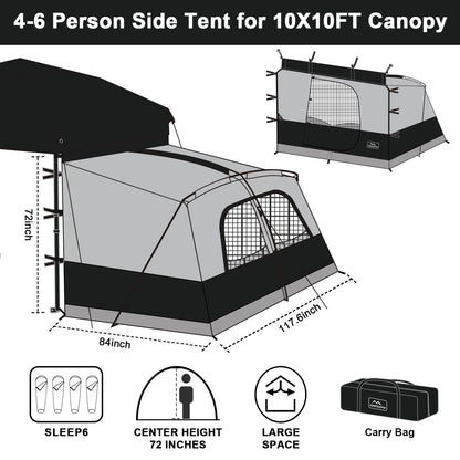KAMPKEEPER Canopy Side Tent,4-6 Person Camping Cube Tent for 10x10 Pop Up Canopies,Easy Up Gazebo with Window,Compatible with 10' Wide Canopy Tents (Black)