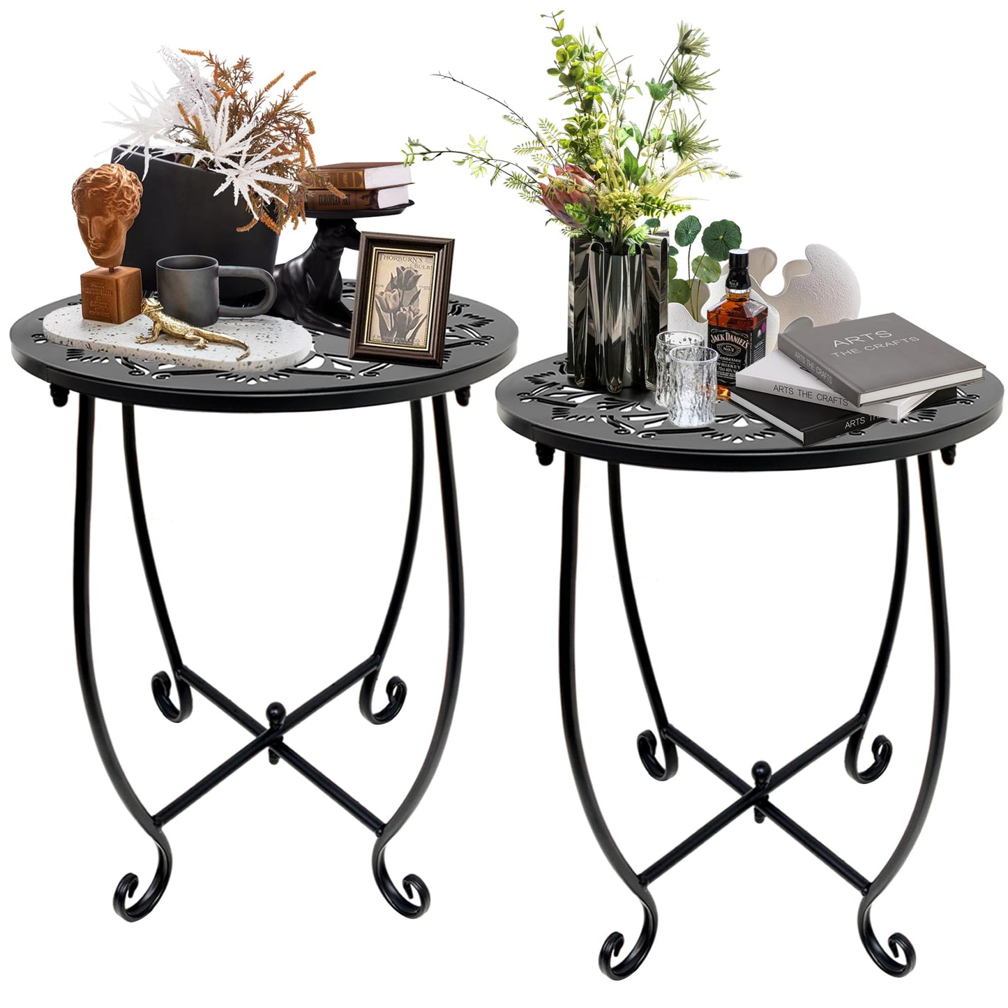 Fashion&cool 2 Pack Outdoor Side Tables for Patio,14 Inch Weather Resistant Metal Round Outdoor Plant Stand Side Table, for Patio Yard Porch Balcony Garden Bedside Indoor Outdoor