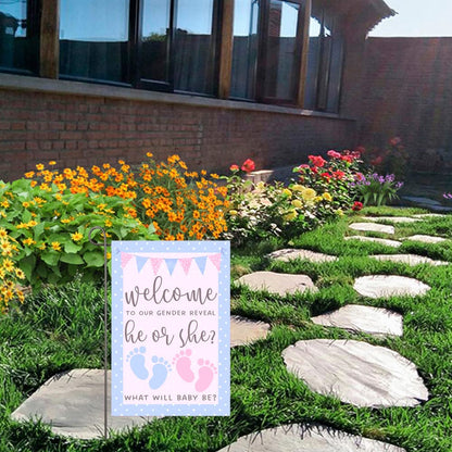 He or She Garden Flag 12x18" Double Sided Pink and Blue Flag Gender Reveal Yard Flag Boy or Girl Baby Footprint Welcome Banner Pregnancy Announcement Baby Shower Decor Gender Reveal Party Supplies