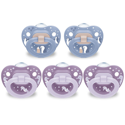 NUK First Choice Classic Orthodontic Pacifier, 6-18 Months Baby Pacifier, Purple & Blue, Baby Must Haves, 5-Pack