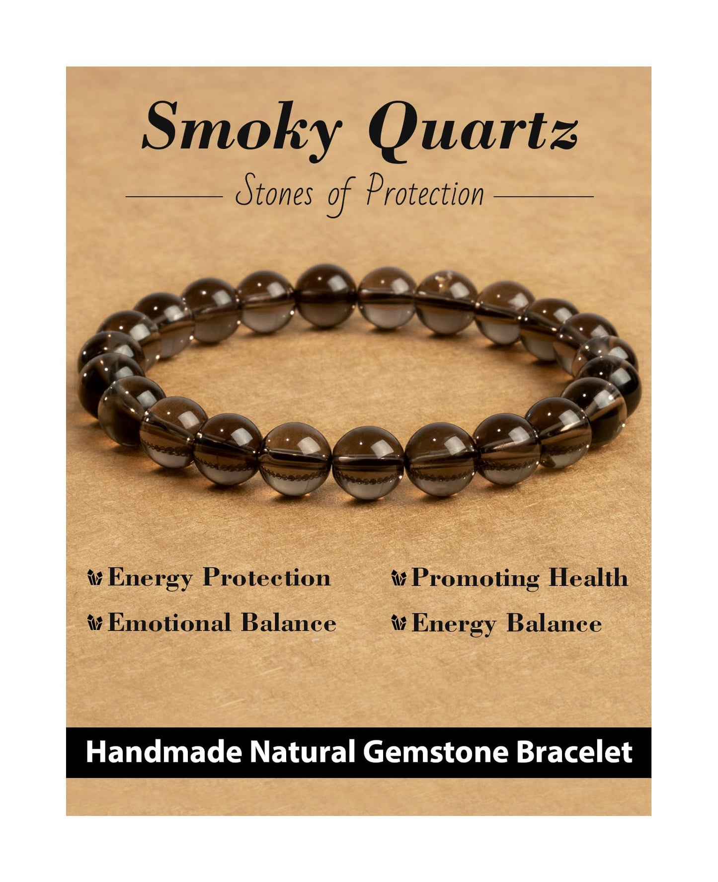 Landorilo Beaded Bracelet for Men Women, 8mm Natural Stone Smoky Quartz Healing Crystal Stretch Bracelets, Ideal Christmas Birthday Jewelry Gifts with Energy Card，Replacement Beads Included