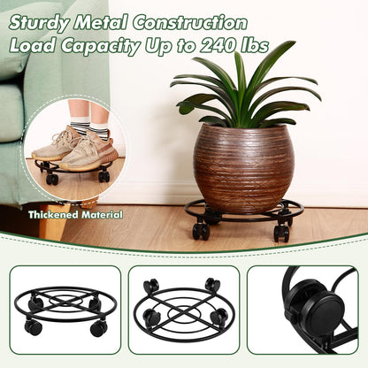 6 Packs Large Metal Plant Caddy 12" Heavy-duty Plant Dolly with PU Wheels Wrought Iron Rolling Plant Stand with Casters Indoor Outdoor Plant Pot Movers Planter Rollers Coaster Trolley, Black