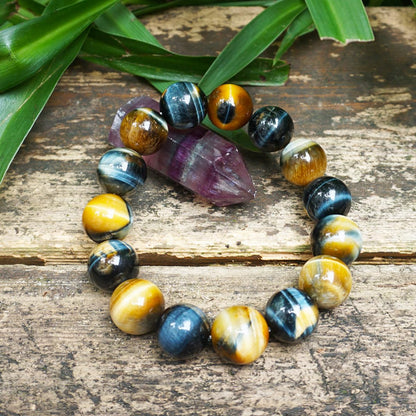 16MM Blue Tigers Eye Bracelet with Gold Eye, Fits for 9" Wrist Men Women | Protection from Evil Gem | Natural Birthstone for June