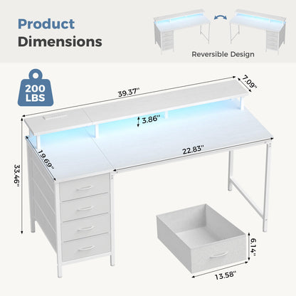 DUMOS 40 Inch Computer Desk with 4 Drawers,4 Drawer Gaming Desk with Power Outlets and LED Lights,Office Desk for Small Spaces with Monitor Shelf,Writing Desk for Home Office,Bedroom, Study,White