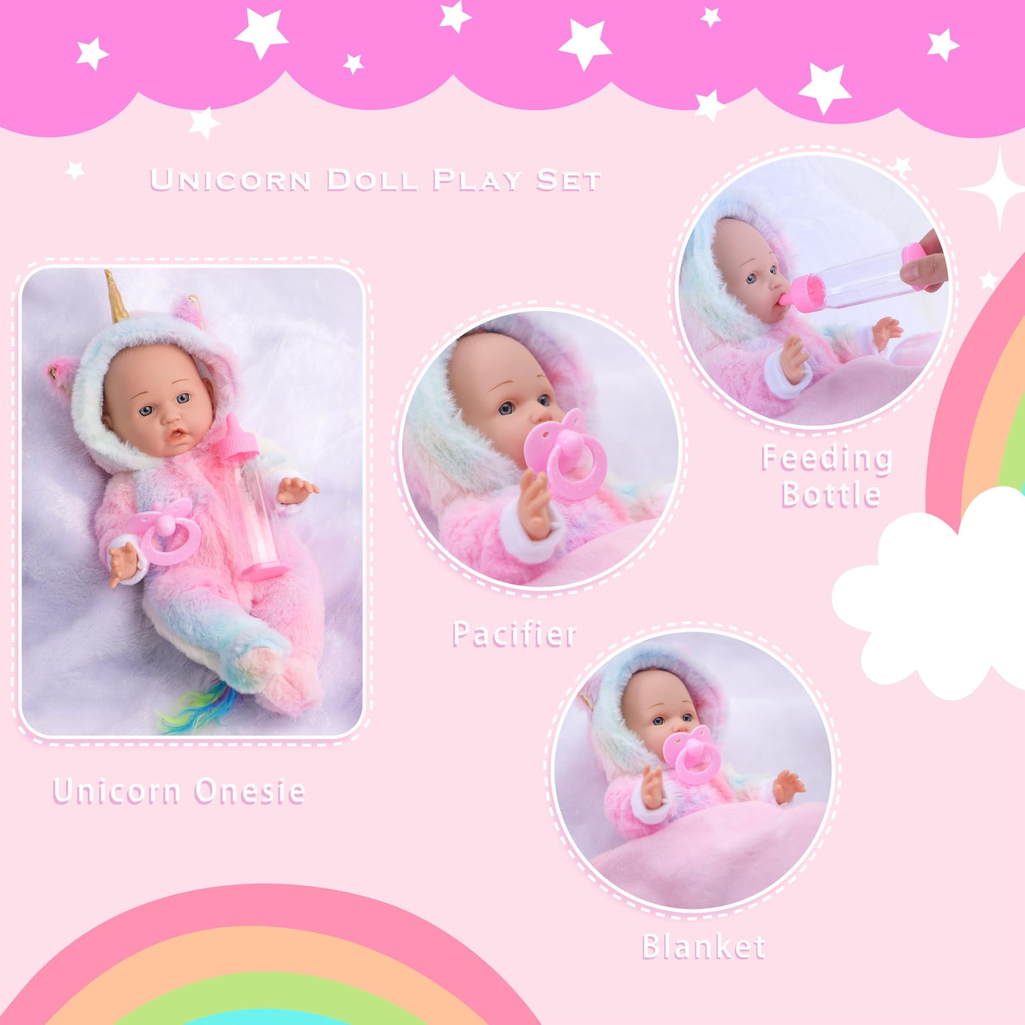 12 Inch Baby Dolls with Unicorn Clothes In Gift Box, With Doll Accessories Unicorn Onesie Clothes Feeding Bottle Pacifier Blanket, Play Set Toy for 3 4 5 6 Years Toddlers, Christmas Birthday Ideal