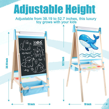 Wooden Easel for Kids, Adjustable Kids Art Easel, Learning Toy for Boys and Girls Ages 3-4 4-8 8-12, Wooden Blackboard & Magnetic Whiteboard and Drawing Paper Holder, 2 Drawing Paper Roll