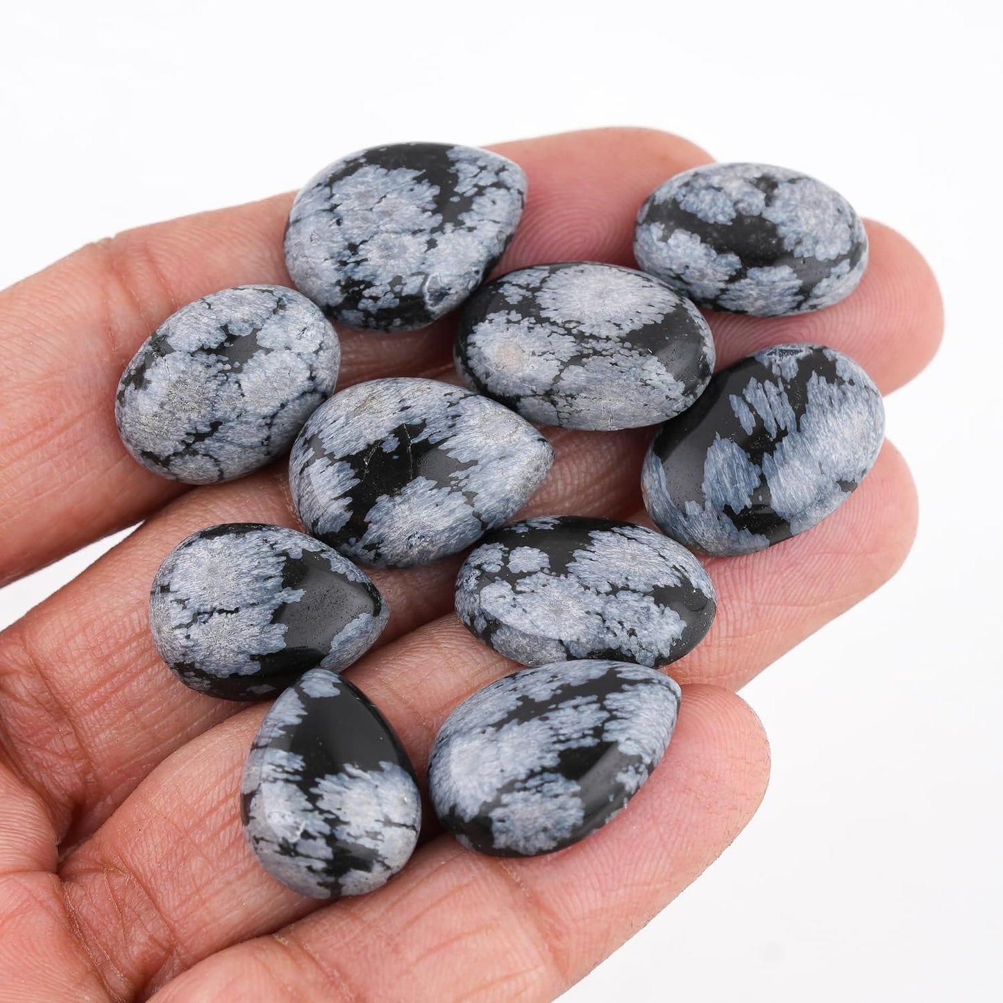 GemSymphony Natural Snowflake Obsidian Gemstone Cabochon Pack of 5 Mixed Shapes – Polished Crystal Stones for Jewelry Making Supply, Healing, Reiki & DIY Crafts, Natural Gem Cab Set for Wire Wrapping (10-20 mm)