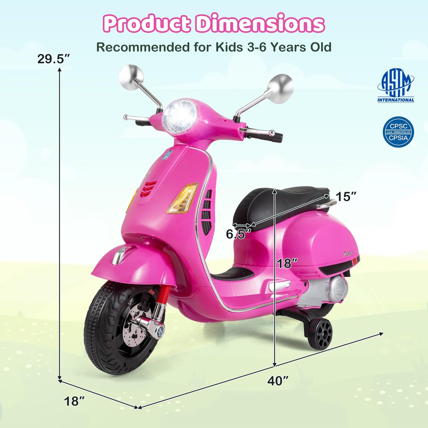 Costzon Toddler Motorcycle, 12V Licensed Vespa Ride on Motorcycle with Training Wheels, LED Headlight & Horn Sound, Ride on Toy, Battery Powered Motorbike, Gift for Boys & Girls (12V,Rose Pink)