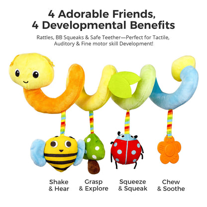 Car Seat Toys for Baby – Colorful Carseat Toys Hanging with Plush Teether & Rattles, Soft Sensory Car Seat Toy and Stroller Toys Set, Baby Car Seat Toy to Entertain and Soothe on The Go