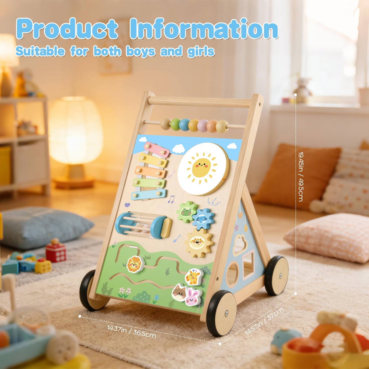 Ranqibo Wooden Baby Walker, Baby Walker with Wheels, Includes Montessori Sensory Toys and Activity Center, 6-18 Months for Boys and Girls