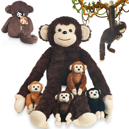 5 PCS Monkey Stuffed Animal, Large Huggable Stuffed Monkey Plush Toys with 4 Baby Monkeys for Kids, Hanging Monkeys Plushies Gifts for Boys Girls Easter Christmas Birthday Jungle Forest Party Decor