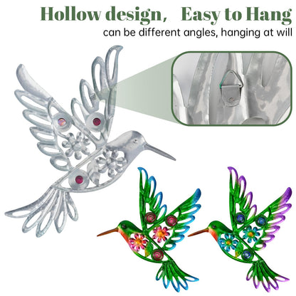 YIWEMON 2 Pack Metal/Glass Hummingbird Wall Decor, 12.4" Outdoor Fence Wall Art Decor, Wall Sculpture Hanging Decoration Perfect for Garden Yard Living Room Bedroom Patio Balcony