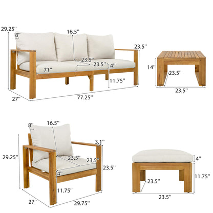 Merax Outdoor 5-Piece Acacia Wood Sectional Patio Sofa Set, 3-Seater Sofa, 2 Chairs, Ottoman & Coffee Table with Water-Repellent Cushions for Garden, Deck & Poolside