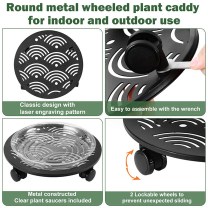 DEELF OUTLET 3 Packs 13.5" Large Metal Plant Caddy with Wheels Heavy-Duty Plant Dolly Pot Mover Rollers Rolling Plant Stands Indoor Outdoor Wheeled Plant Holder Coaster Trolley