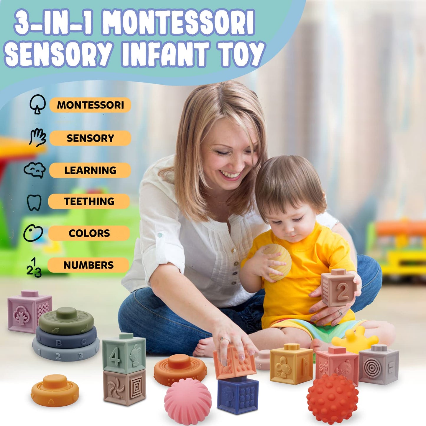Montessori Toys for Babies 6-12 Months, Soft Baby Blocks Toys Set, 3 in 1 Infant Stacking Building Blocks, Teething Toys Sensory Balls Educational Learning Toys for Toddlers 3-6-9-11 Months Boys Girls
