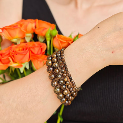 Handmade Natural Gemstone Elastic Bracelet - Healing Crystal Beads Jewelry, Unisex (Bronzite, 8mm)