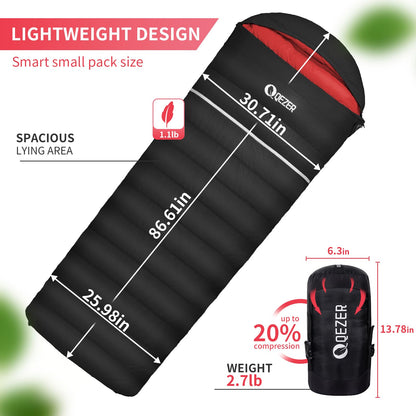QEZER Down Sleeping Bag for Adults 600 Fill Power Down Sleeping Bag Cold Weather Ultralight Sleeping Bag with Compression Sack for Backpacking, Camping, Hiking (500g Down Filling-Black-Right Zip)