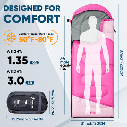PTEROMY Sleeping Bags for Adults, Lightweight and Machine Washable, Water Resistant Backpacking Camping Sleeping Bag for Warm Cold Weather, Camping Essentials for Hiking Travel (Pink, 1.35kg)