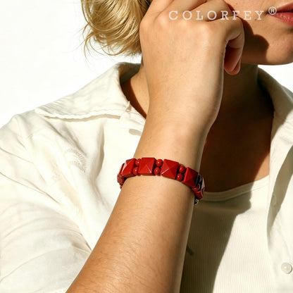 COLORFEY Red Bracelets for Women Men Real Red Agate Beads Protection Crystal Bracelets Flated Square Stone Bracelet for Women, Handmade Natural Crystals Durable Wire Bracelet for Stress Relief