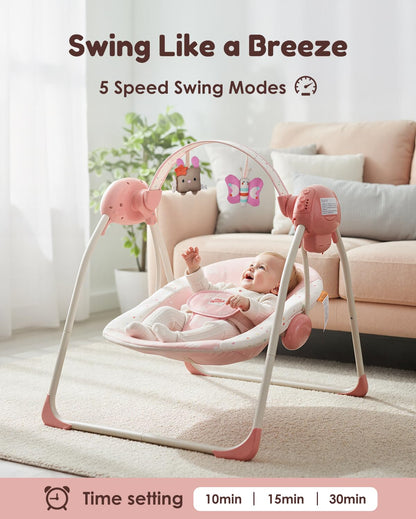 Baby Swings for Infants, Tiny Marvels Portable Swing with Adaptable Speed, Music, Removable-Toy-Bar, Foldable Infant Swing for Indoor and Outdoor Use, 0-9 Months 6-20 lbs(Blush Bloom)