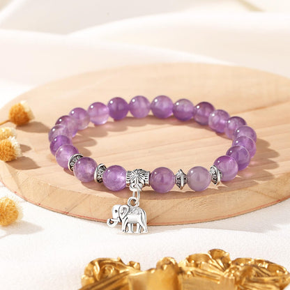 MAIBAOTA Amethyst Bracelet for Women, Purple Bracelet, Amethyst Crystal Stone Beaded Bracelets, Elephant Round Gemstones Stretch Bracelet, Crystal Jewelry Gifts for Women Mom