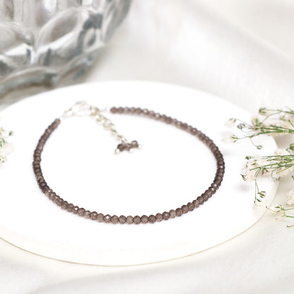 Gempires Smoky Quartz Bracelet for Women | Handmade Dainty Gemstone Beaded Bracelet 2.5 mm | Adjustable Silver Plated Minimalist Jewelry | Lightweight Everyday Bracelet | Elegant Gift for Her
