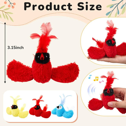 SilTriangle 3 Pcs Bird Cat Toy with Chirping Sound, 3.15 Inch Interactive Exercise Toy with Lifelike Bird Chirp, Red Cardinal Blue Jay Goldfinch for Indoor Bored Cats Kittens, Gifts for Valentines Day