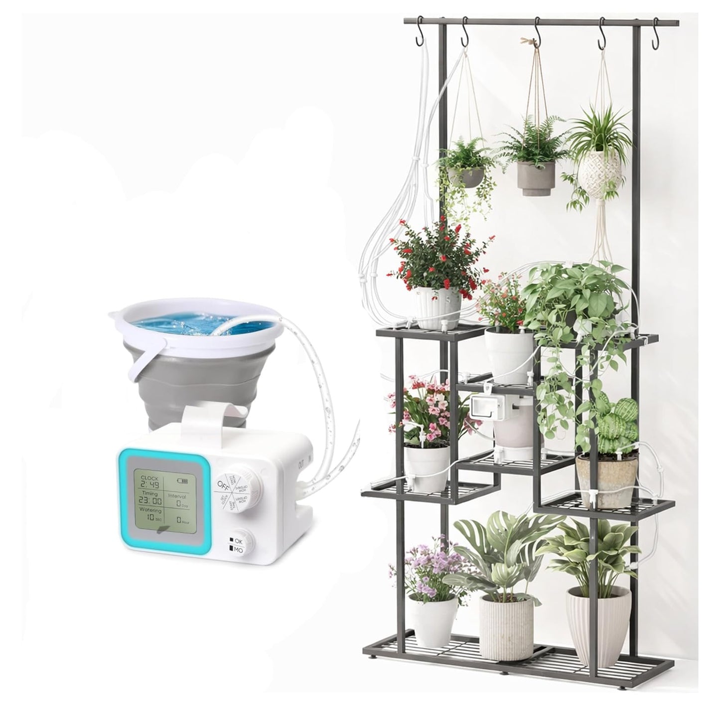4 Tier Plant Stand with Automatic Drip Watering System, Indoor Outdoor Metal Plant Shelf with Hanging Rod, Holds 12 Pots, Space Saving Plant Display & Organizer