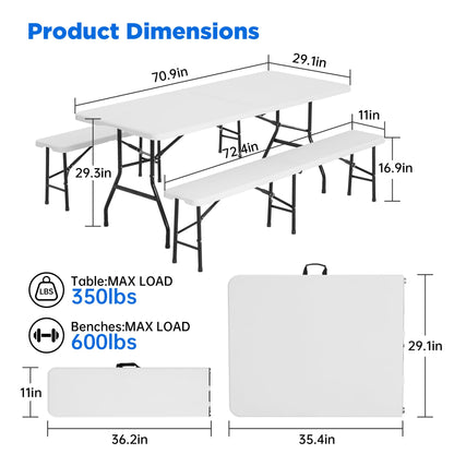 Winlice 6 FT White Picnic Folding Table Set with 2 Benches, Portable Patio Dining Sets for Backyard, Lawn, Event, Party, Camping
