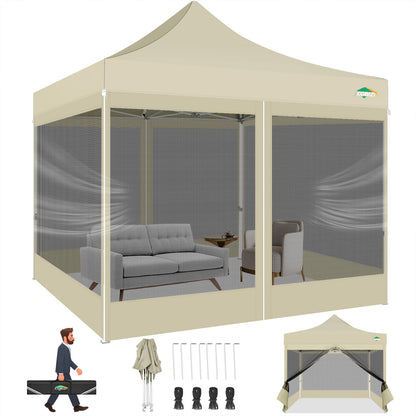 COBIZI 10x10 Canopy Tent with 4 Sidewalls,Heavy Duty Pop up Canopy with Mosquito Netting,Easy up Screen Tent for Parties Wedding Outdoor Camping with Handbag,Khaki