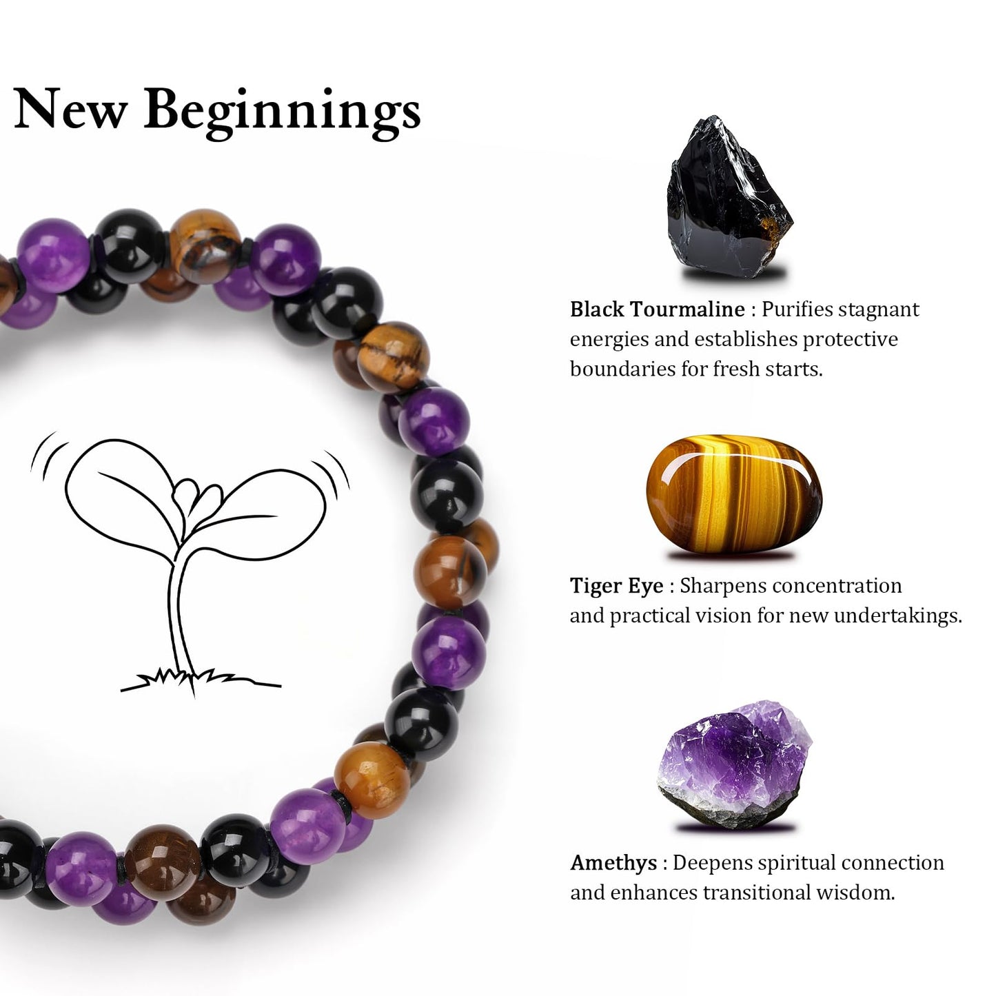 Raicegs New Beginnings Bracelet Natural Stones Black Tourmaline Tiger Eye Amethyst Beaded Bracelet for Men Women Healing Crystal Bracelet