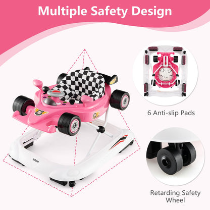 INFANS Foldable Baby Walker, 3 in 1 Toddler Activity Center Leaning-Seated Walk-Behind with Steering Wheel, Adjustable Height, Lights, Music, Washable Seat Cushion (Pink)