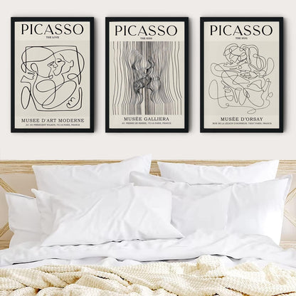 Framed Picasso Abstract Female Line Wall Art Prints Set of 3 Picasso The Kiss, The Love, The Hug Poster Set Mid Century Modern Minimalism Canvas Paintings Gallery Exhibition Prints with Black Frame