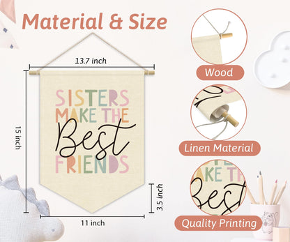 XYDEG Girls Room Wall Art Decor,Toddler Girl Room Cute Pink Nursery Bedroom Playroom Canvas Banner Decorations,Sisters Make The Best Friends Wall Hanging Pennant Flag Banner