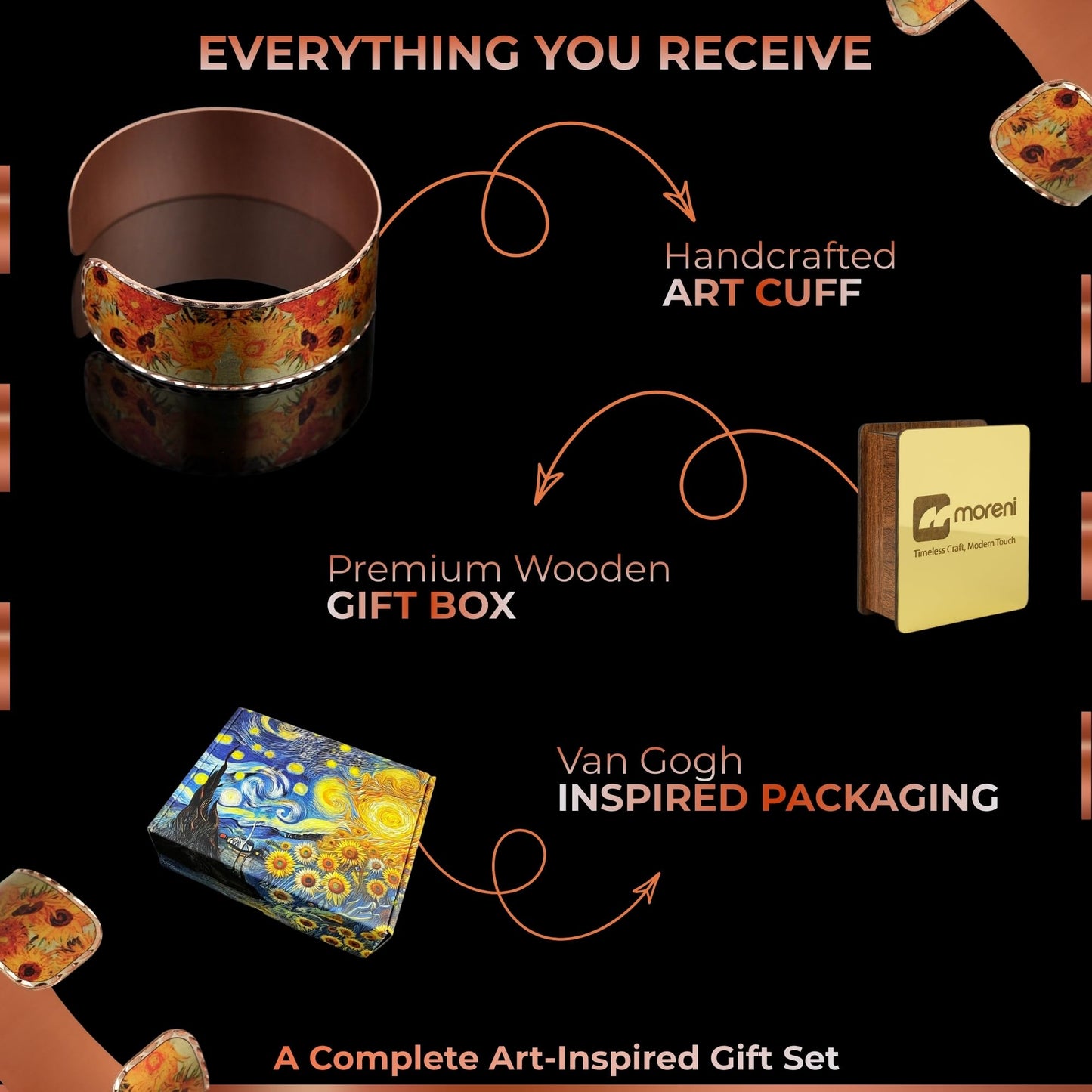 Moreni Copper Bracelet for Women – Handmade Engraved Cuff Inspired by “Sunflowers” – Artistic Pure Copper Jewelry with Gift Wooden Box