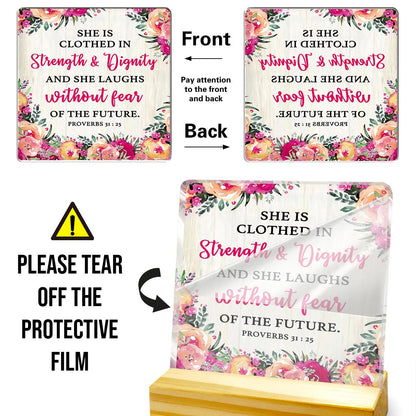 Christmas Gift For Women, Birthday Thanksgiving Christmas Gift, Acrylic Plaque With Wooden Stand Desk Decor, Proverbs 31:25 She Is Clothed In Strength And Dignity Sign