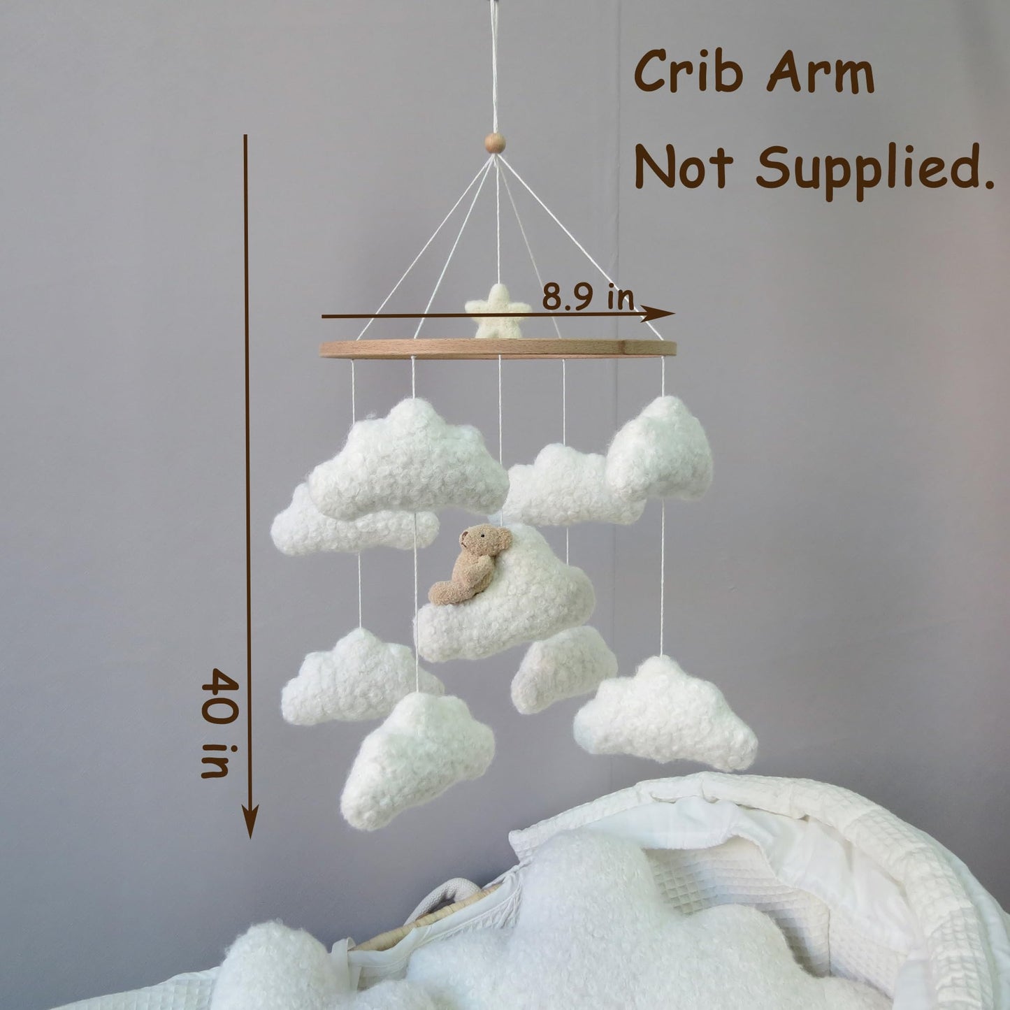 Soft Cloud & Bear Baby Mobile for Crib | Neutral Nursery Mobiles for Baby Crib Mobile for Girls & Boys | Wooden Hanging Crib Toys | Mobile for Bassinet Decor
