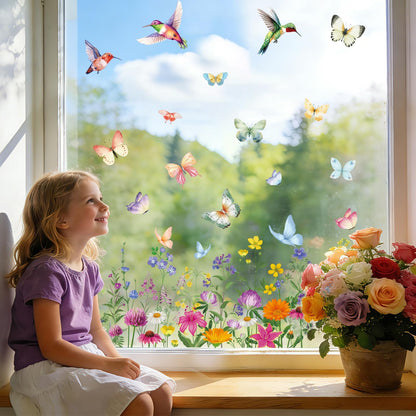 AhfuLife 9 Sheets Spring Window Clings, Larger Spring Flower Floral Butterfly Bird Window Stickers for Glass, Home, Office, School Party Decoration Spring Theme Supplies