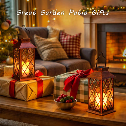 2Pack 10" Solar Outdoor Lanterns Waterproof Garden Gifts Women, Halloween Flickering Flameless Candle Mission Lights for Patio, Outdoor, Party, Yard, Lawn, Mothers' Day Gifts for Mom (Antique Copper)