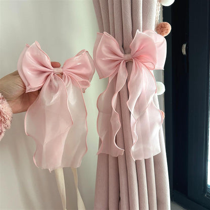 2 Pack French Silky Bow Curtain Tiebacks, Elegant Lace Ribbon for Curtains Decorative Rope Accessories Home Décor (Pink,2)