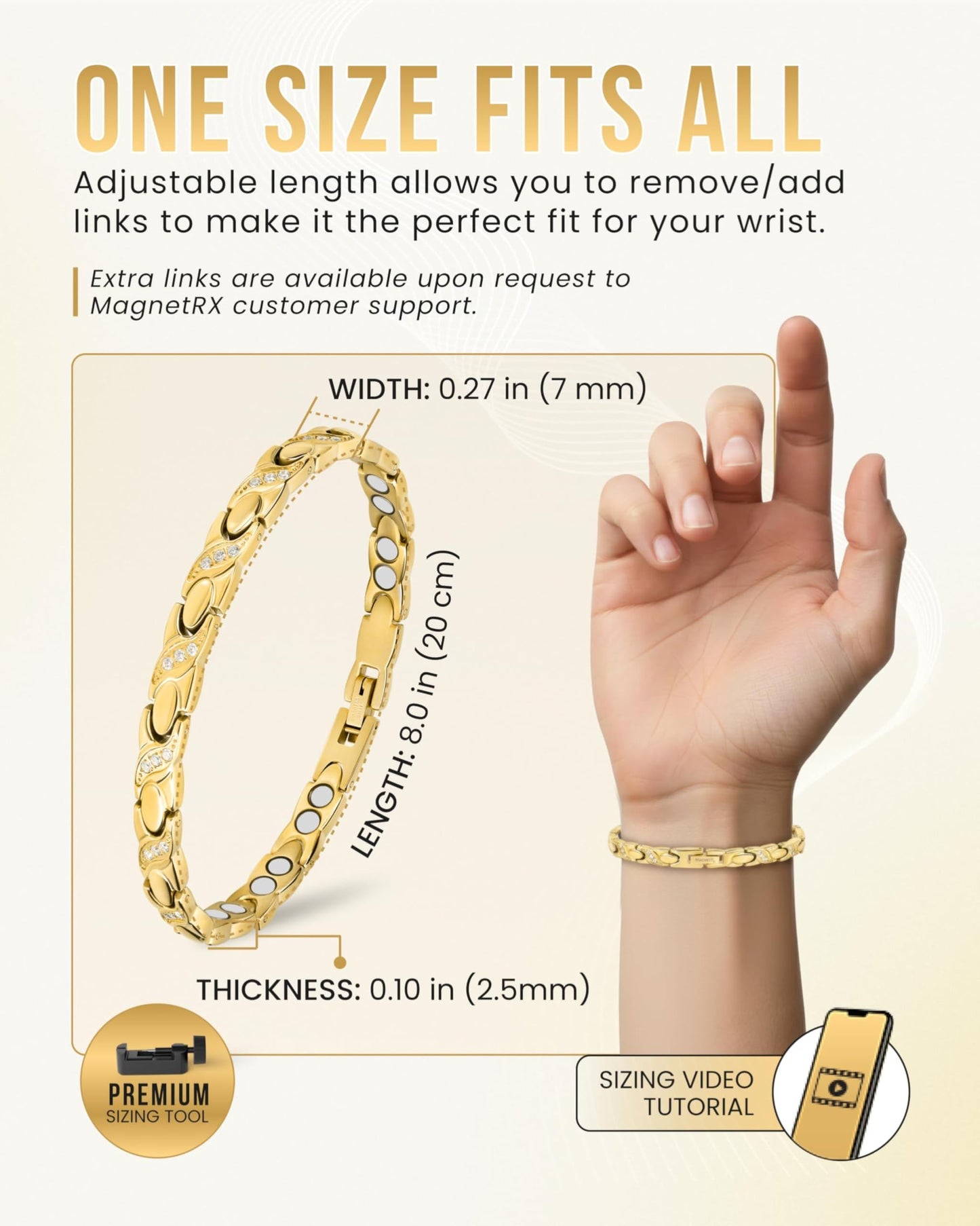 MagnetRX® Ultra Strength Magnetic Bracelets for Women – Double Magnet Stainless Steel Crystal Bracelet for Women – Adjustable Bracelet Length with Sizing Tool (Gold XO)
