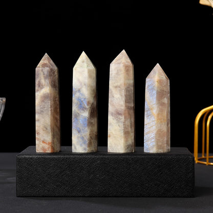 Runyangshi 1PCS Natural Crystal Moonstone Tower 2.75"-3.14" (7-8 cm) 6 Faceted Single Point Prism Healing Crystal Wand for Meditation Reiki Chakra Therapy
