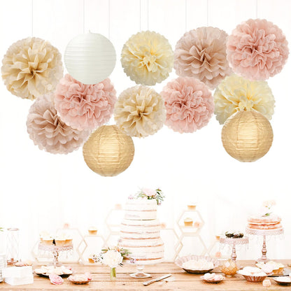 Champagne-Gold White Party-Decorations Paper-Flowers Lanterns - 15PCS Boho Fall Rustic Tissue Pom Poms Streamers,Wedding Baby Bridal Shower Neutral Autumn Birthday Hanging Supplies Decor Hugfond