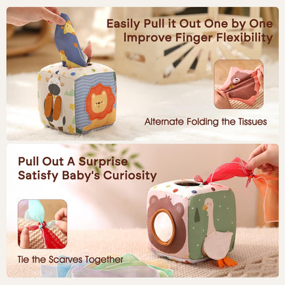 Youuys Baby Toys 6-12 Months Toys （ Montessori Toys Baby Tissue Box Sensory Toys & Jungle Soft Stuffed Animal Set with Rattle） - Toddlers Sensory Montessori Toy for 6 12 18 Months