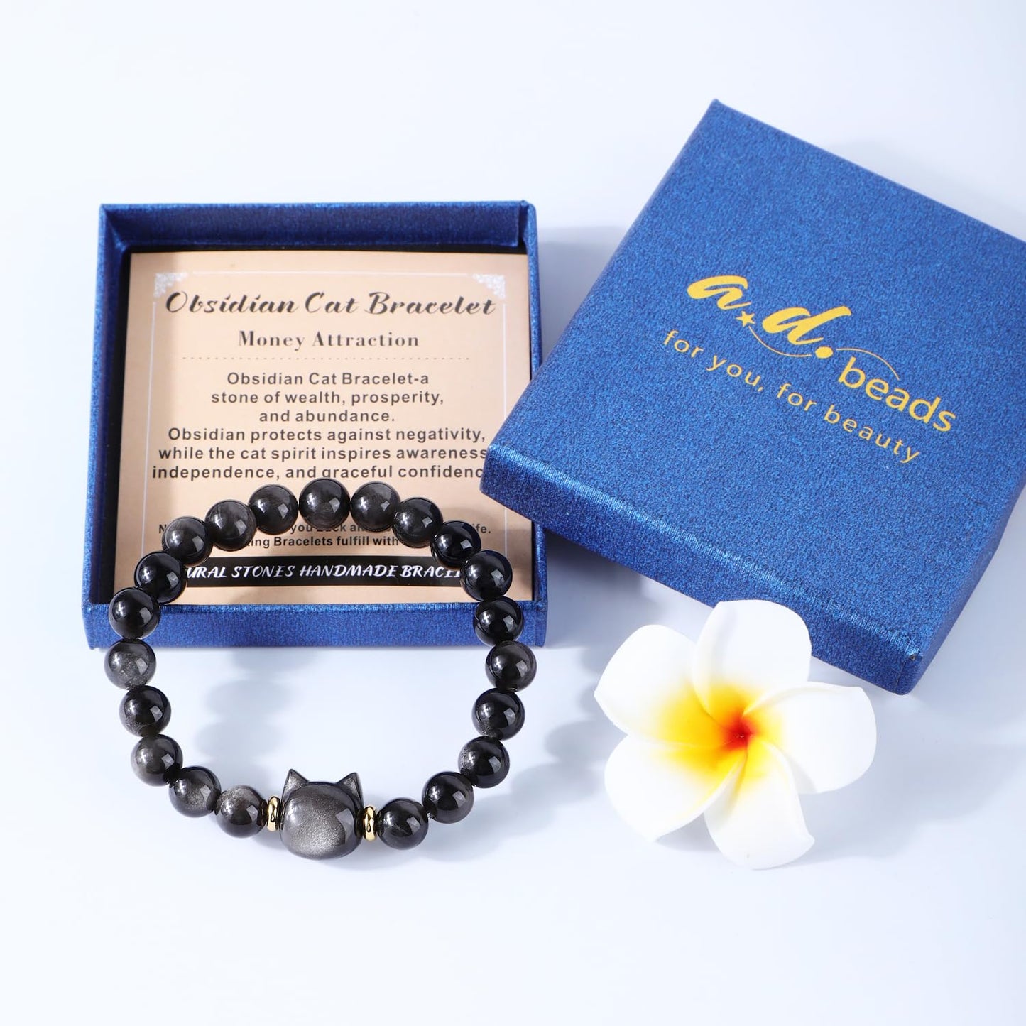 AD Beads 4mm Handmade Obsidian Cat Bracelet Elastic Bracelet – Natural Gemstone for Money Attraction – Meditation, Yoga, Healing and Energy Gift for Men Women