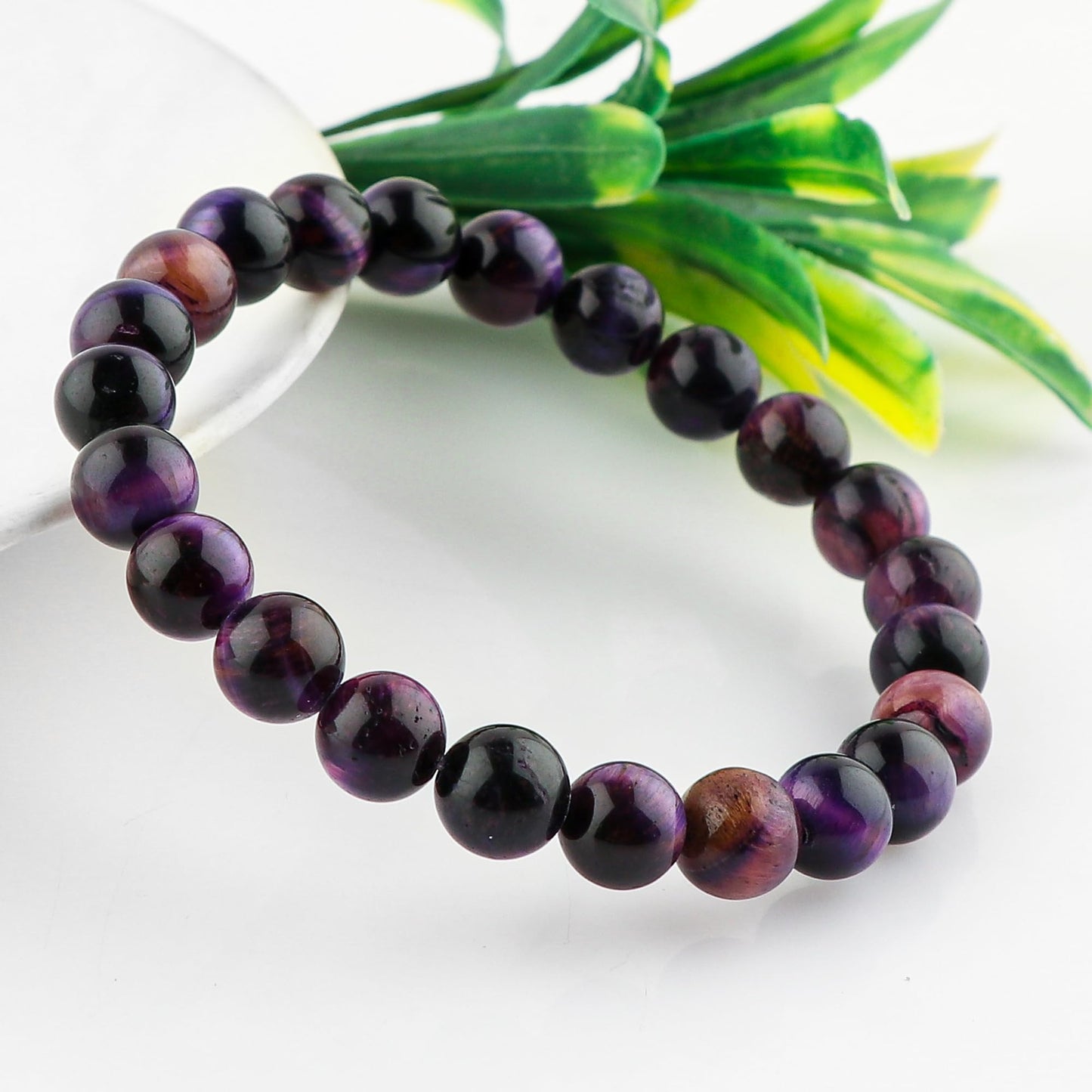 CRYSTALINES Natural Purple Tiger Eye Gemstone Stretchable Bracelet for Men Women, Handmade Jewelry, Chakra - Healing - Yoga - Spiritual - Protection | Birthstone | Unisex | Statement Christmas Gifts
