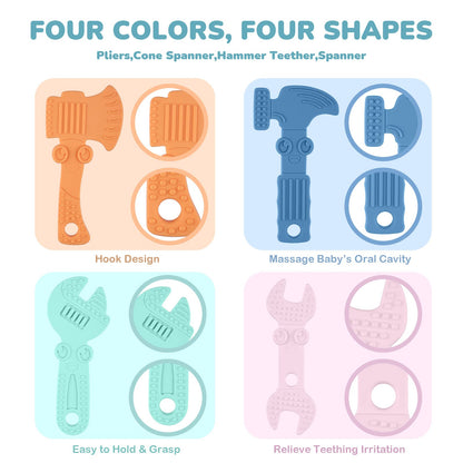 TYRY.HU Baby Teething Toys for Babies, Baby Teether Toys, BPA Free Silicone Baby Molar Teether Chew Toys, Hammer Wrench Spanner Pliers for Boys Girls, Soft-Textured, Easy to Hold & Clean, 4 Packs