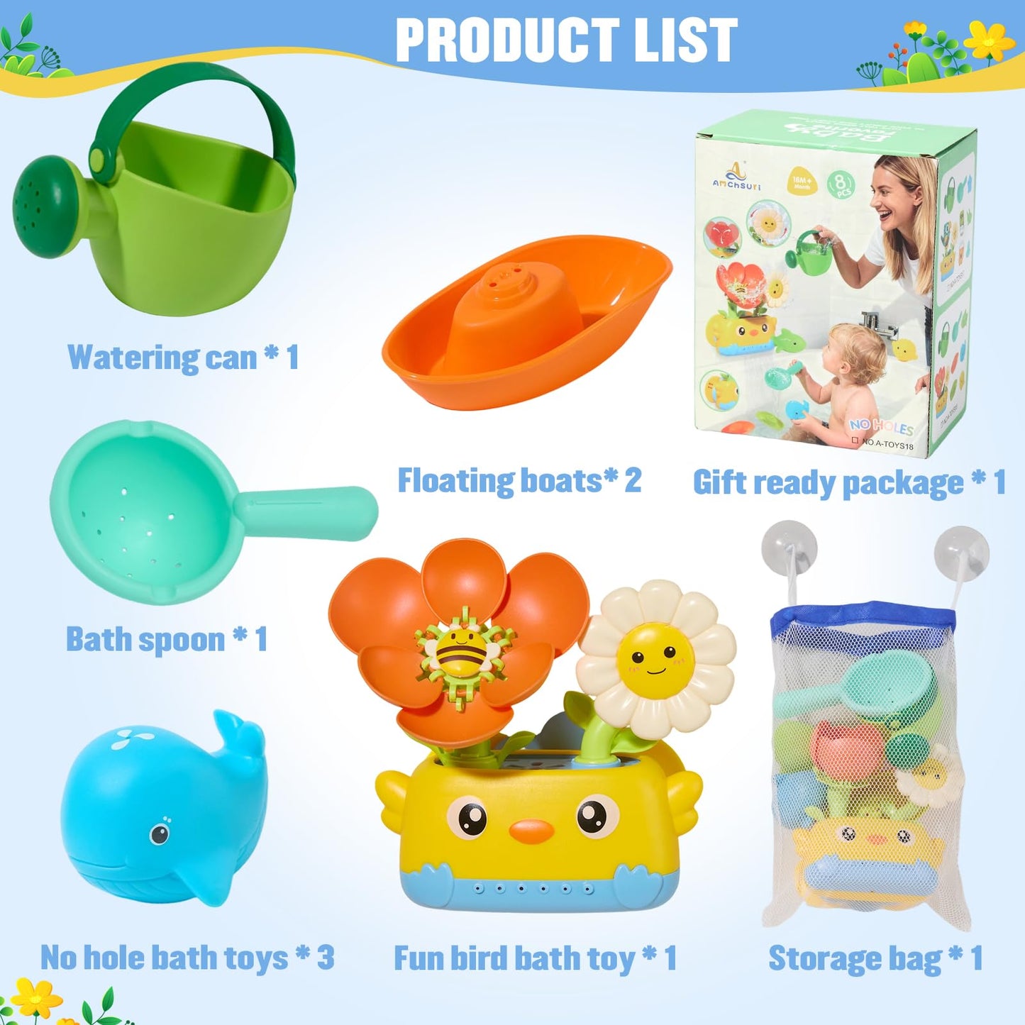 Toddler Bath Toys for Kids Ages 1-3 | Safe & Fun Mold Free Baby Bath Toys | Interactive Bath Toys with Blooming Flower with Watering Can Bathtub Water Toys for 1+ Year Old Great for Girls Shower Gifts