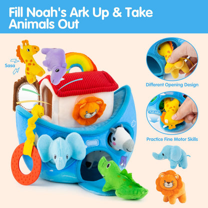 Baby Toys 6-12 Months - Noah's Ark Toy with Stuffed Animals, Baptism Gifts for Boys Girls, Montessori Toys for 6 Month Old Babies Sensory Tissue Box Toy for 1 Year Old